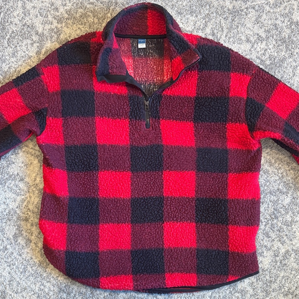 Old Navy Maternity Sherpa Half-Zip Pullover in Red Buffalo Plaid